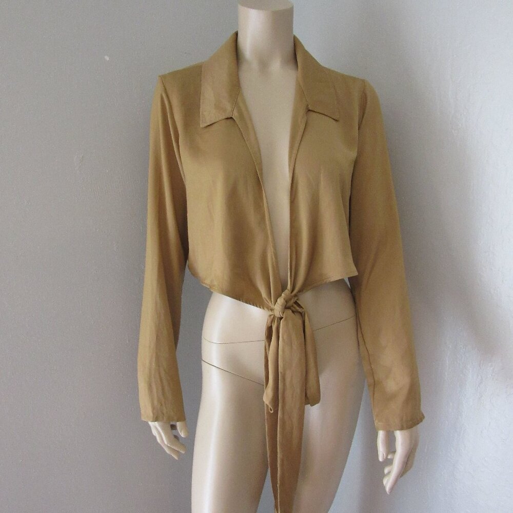 AYM Gold Double Wrap Shirt Long Sleeve Large Satin Collared Crop Top